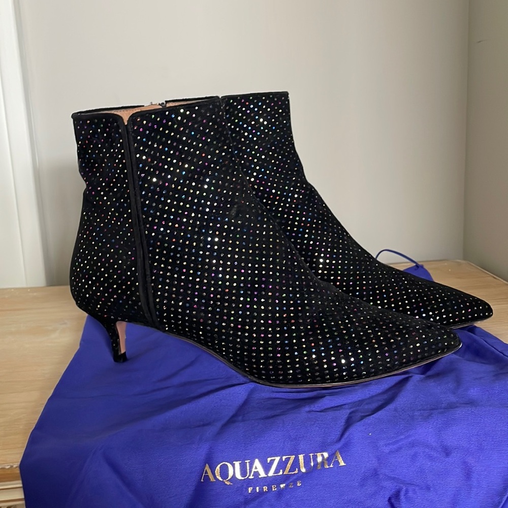 AQUAZZURA 'QUANT' BLACK VELVET GLITTER KITTEN HEEL BOOTIES